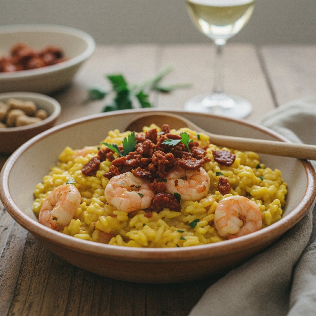 Risoto de Camarão e Açafrão com crocante de Bacon